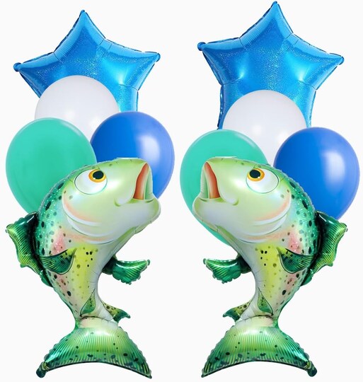 balloons and fish hooks Gone Fishing Balloon Garland 145Pcs Blue Green with Balloons for Gone Fishing Father's Day Baby Shower OFishally One Birthday Party Decorations : Home & Kitchen Rainbow Trout Mylar Foil Balloon